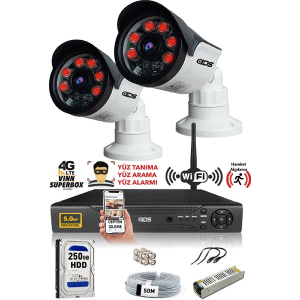 IDS 2 Kameralı 5 Mp Sony Lensli 1080P Full HD Güvenlik Kamerası Sistemi - Cepten Izle - 250DIŞ Güvenlik Kameraları Fiyatı