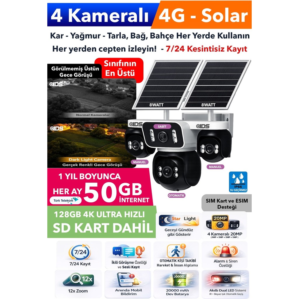 IDS 20MP 4 Kameralı Güneş Enerjili 4g Güvenlik Kamerası 600GB Internet 128GB Sd Kart Üstün Gece Görüşlü Güvenlik Kameraları Fiyatı