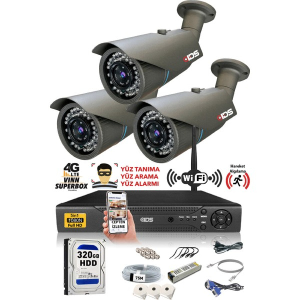 Ids 3 Kameralı 5mp Lensli 1080P Fullhd Kamera Seti - Gece Görüşlü - Su Geçirmez - Cepten Izle Güvenlik Kameraları Fiyatı