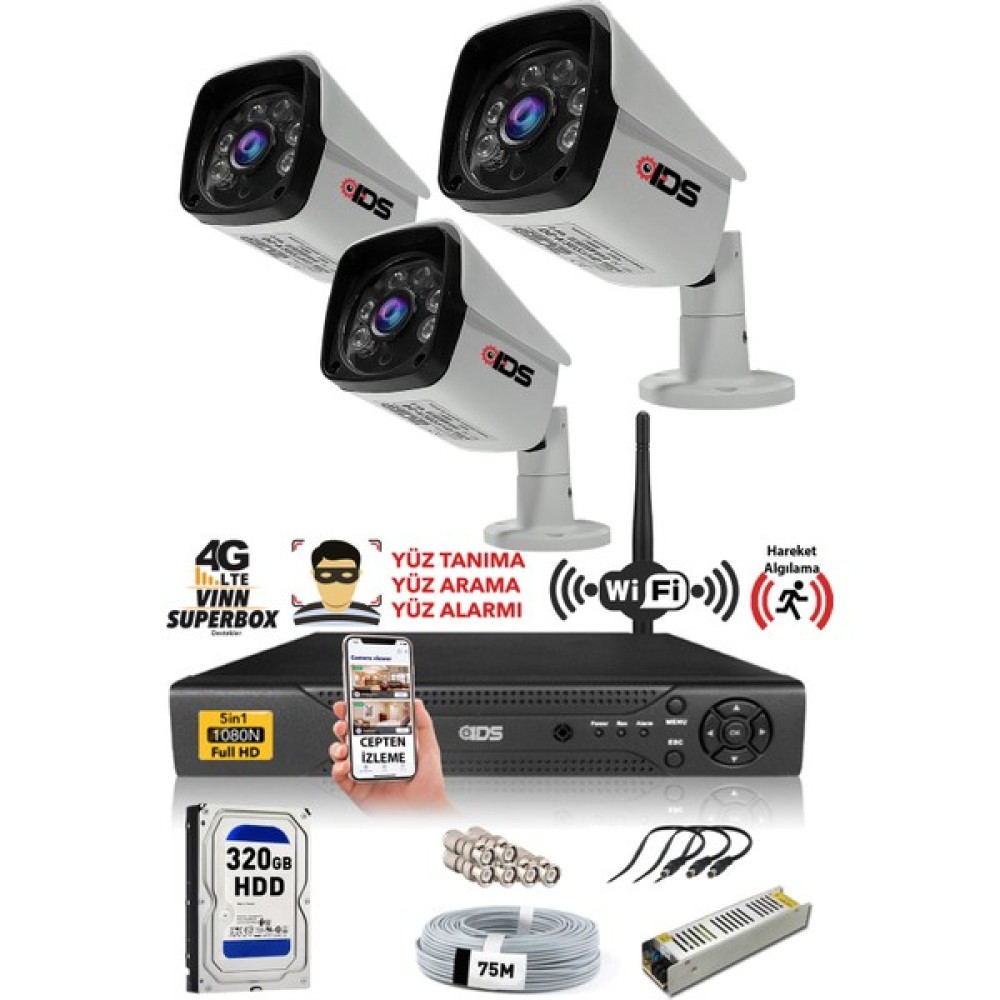 IDS 3 Kameralı Set - 5 Mp Sony Lensli Full HD Gece Görüşlü Güvenlik Kamerası Sistemi 320 Dış Güvenlik Kameraları Fiyatı