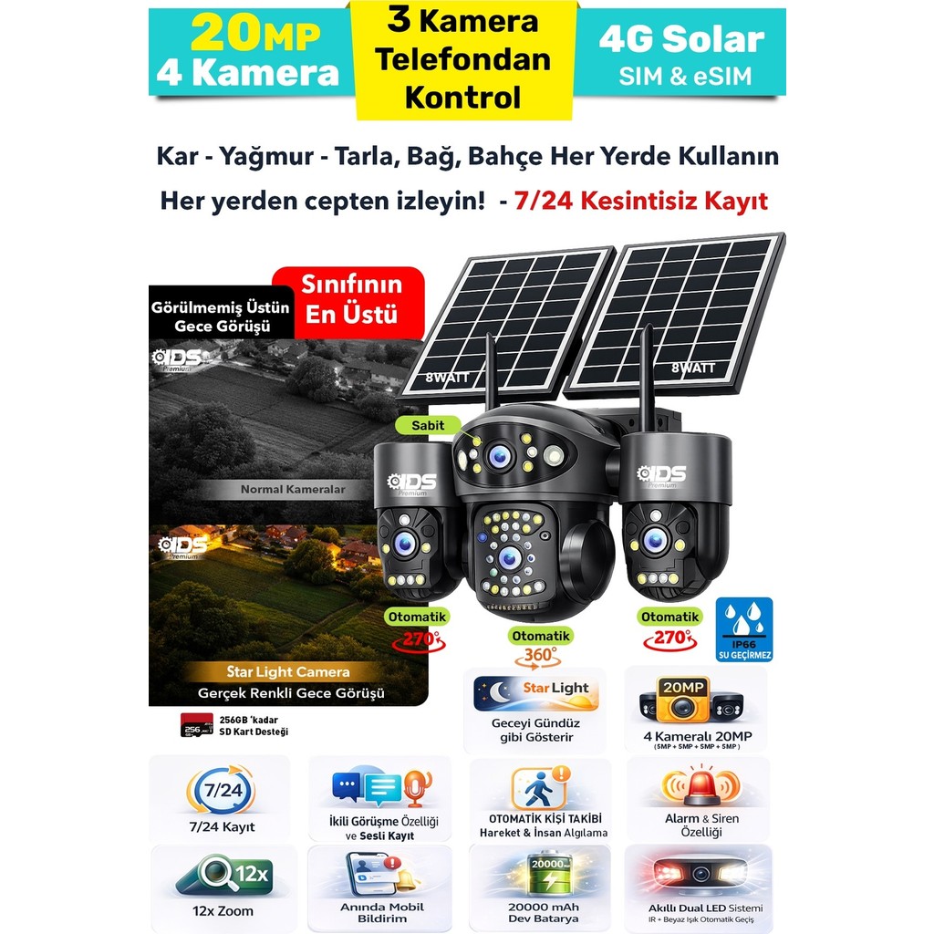 IDS 4 Kamera 20MP 8k - 3 Kamera Otomatik - 4g Solar Sim Kartlı Güvenlik Kamerası - Yüksek Işık Güvenlik Kameraları Fiyatı