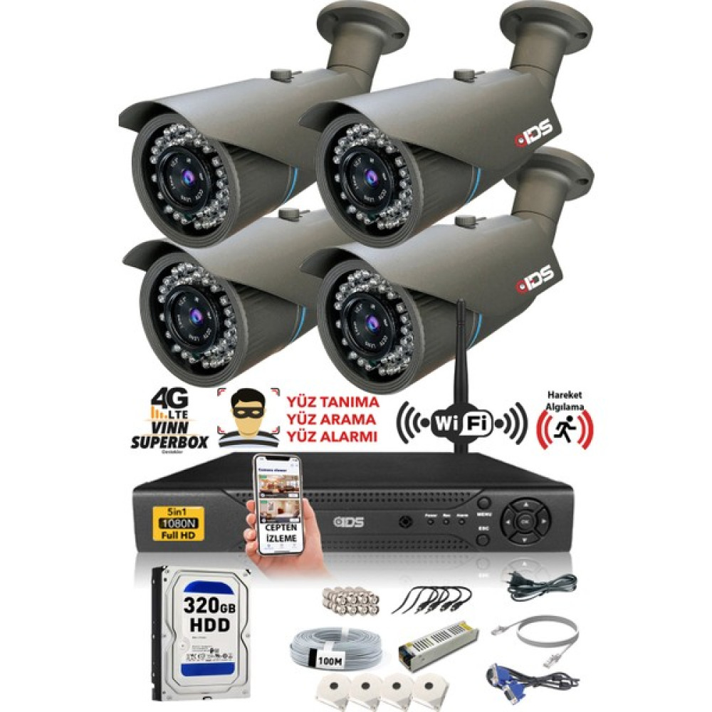 IDS 4 Kameralı 5 Mp Lensli 1080P Full HD Kamera Seti - Gece Görüşlü - Su Geçirmez - Cepten İzle Güvenlik Kameraları Fiyatı