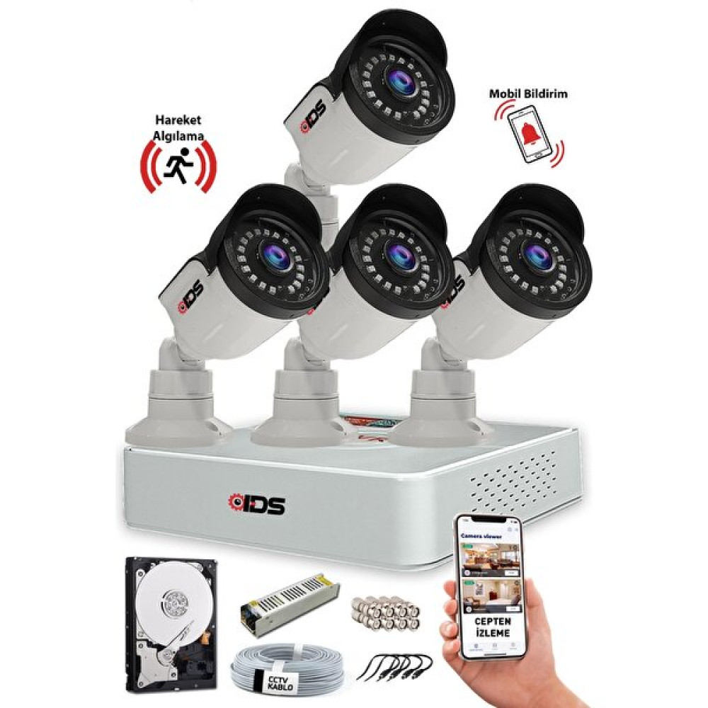 IDS 4 Kameralı 5 mp Sony Lensli Gece Görüşlü Cepten İzleme Su Geçirmez Güvenlik Kamerası Seti -A2055 Güvenlik Kameraları Fiyatı