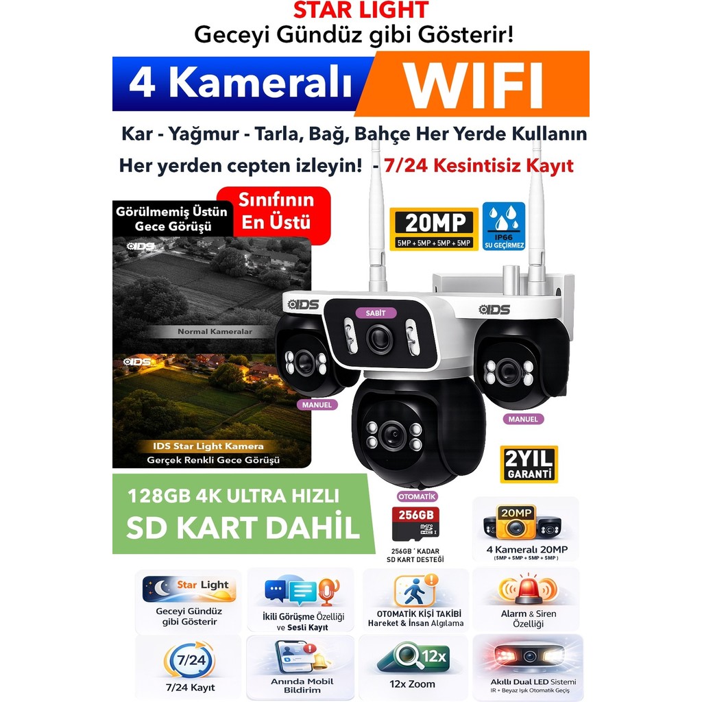 IDS 4 Kameralı Wıfı Güvenlik Kamerası Ultra Renkli Gece Görüşü - Otomatik Kişi Takibi - Cepten Izle Güvenlik Kameraları Fiyatı