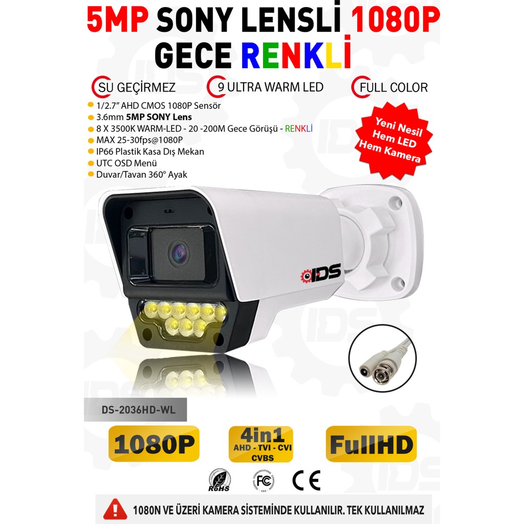 IDS 5mp Sony Lens 1080P 9 Warm LED Gece Işıklı ve Renkli Su Geçirmez Ahd Güvenlik Kamerası - Beyaz Güvenlik Kameraları Fiyatı