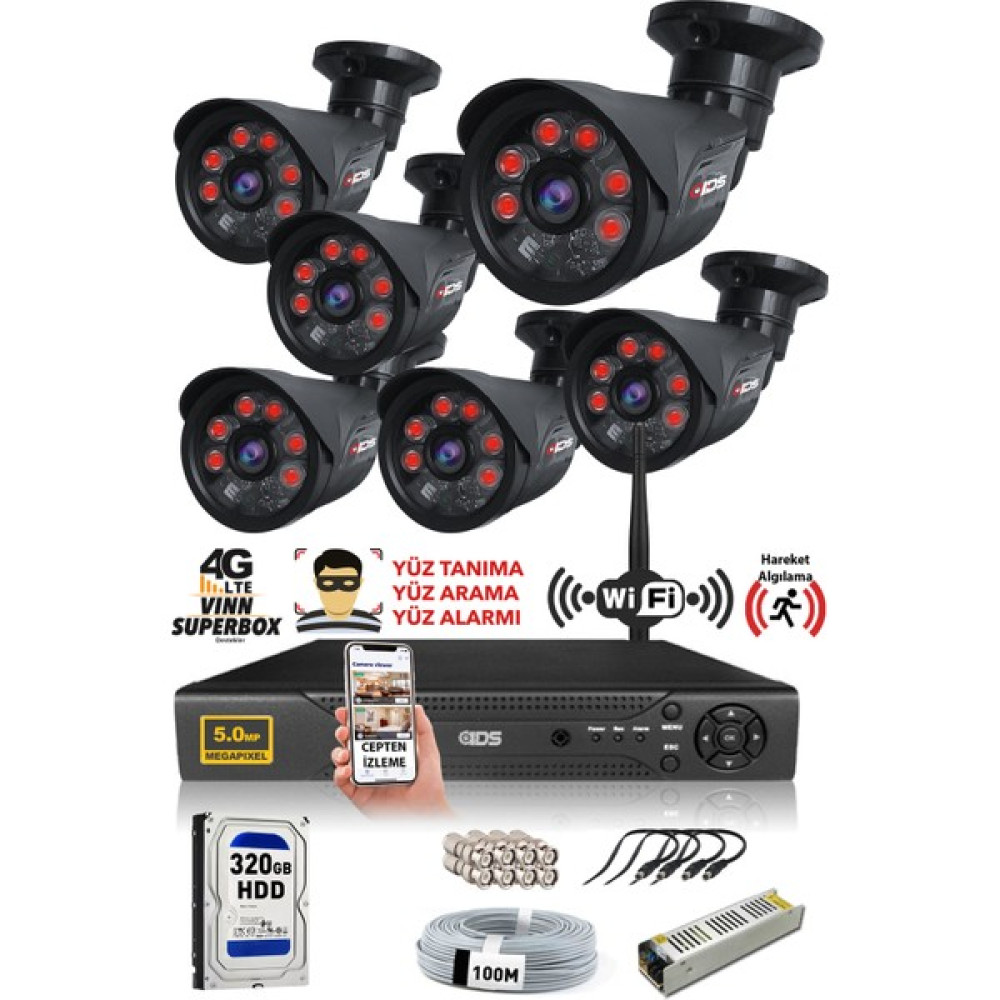 IDS 6 Kameralı Set - 5 Mp Sony Lensli Full HD Gece Görüşlü Güvenlik Kamerası Sistemi - Cepten Izle Güvenlik Kameraları Fiyatı