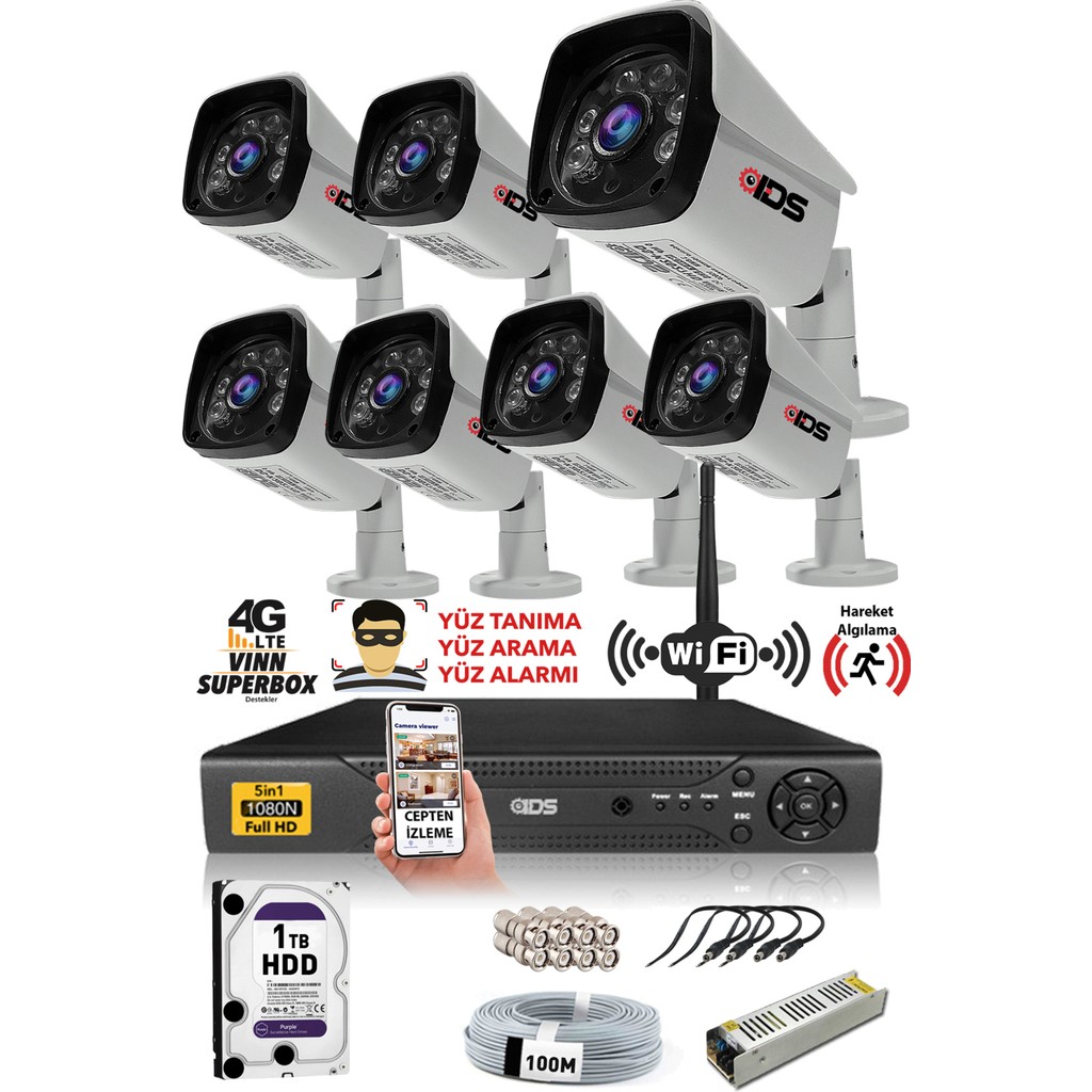 Ids - 7 Kameralı 5 Mp Sony Lensli 1080P Full HD Güvenlik Kamerası Sistemi - Cepten İzle - 1 TB Dış Güvenlik Kameraları Fiyatı