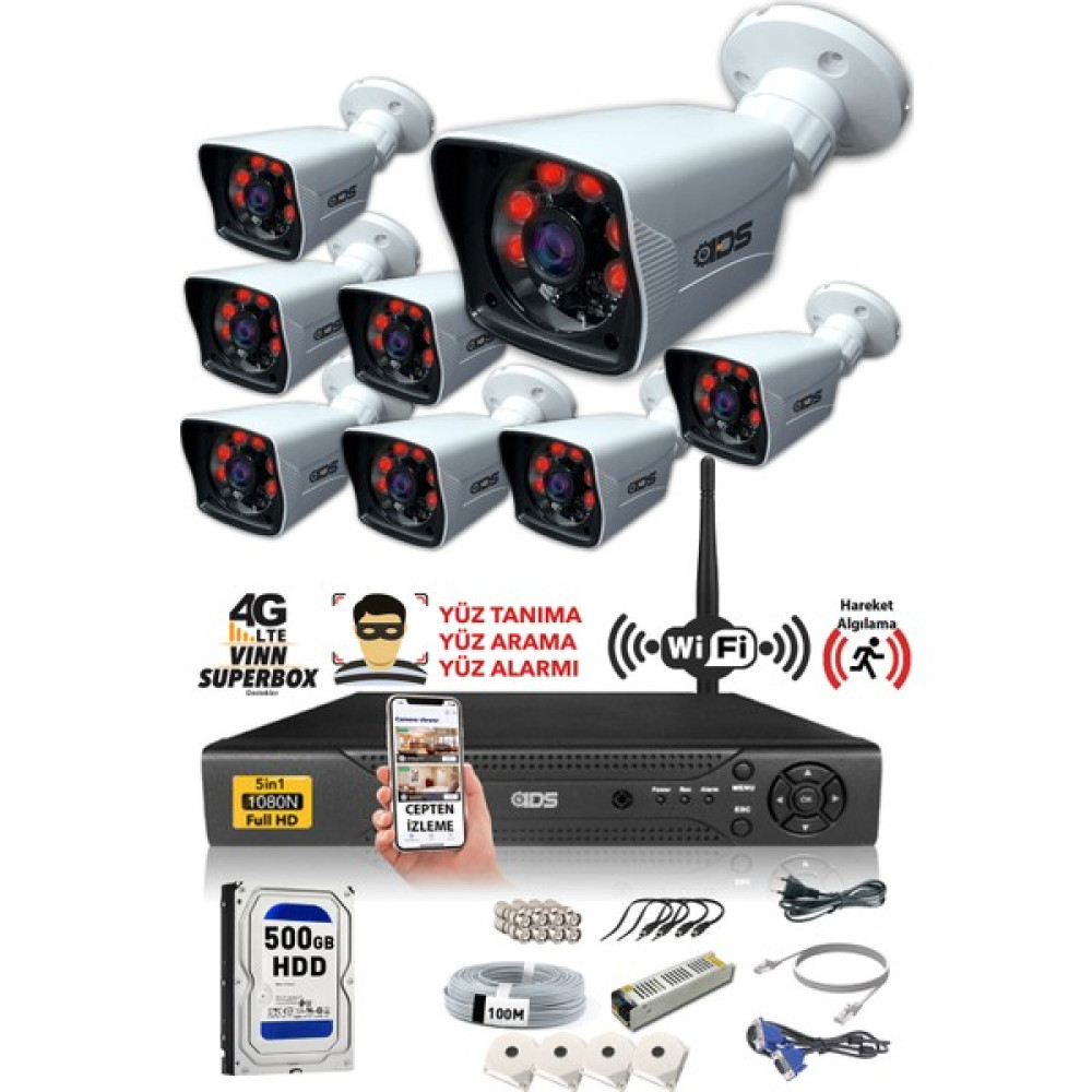 IDS 8 Kameralı 5MP Sony Lensli 1080P Full HD Güvenlik Kamerası Sistemi - Cepten İzle - 500 Dış Oto Boyaları Fiyatı