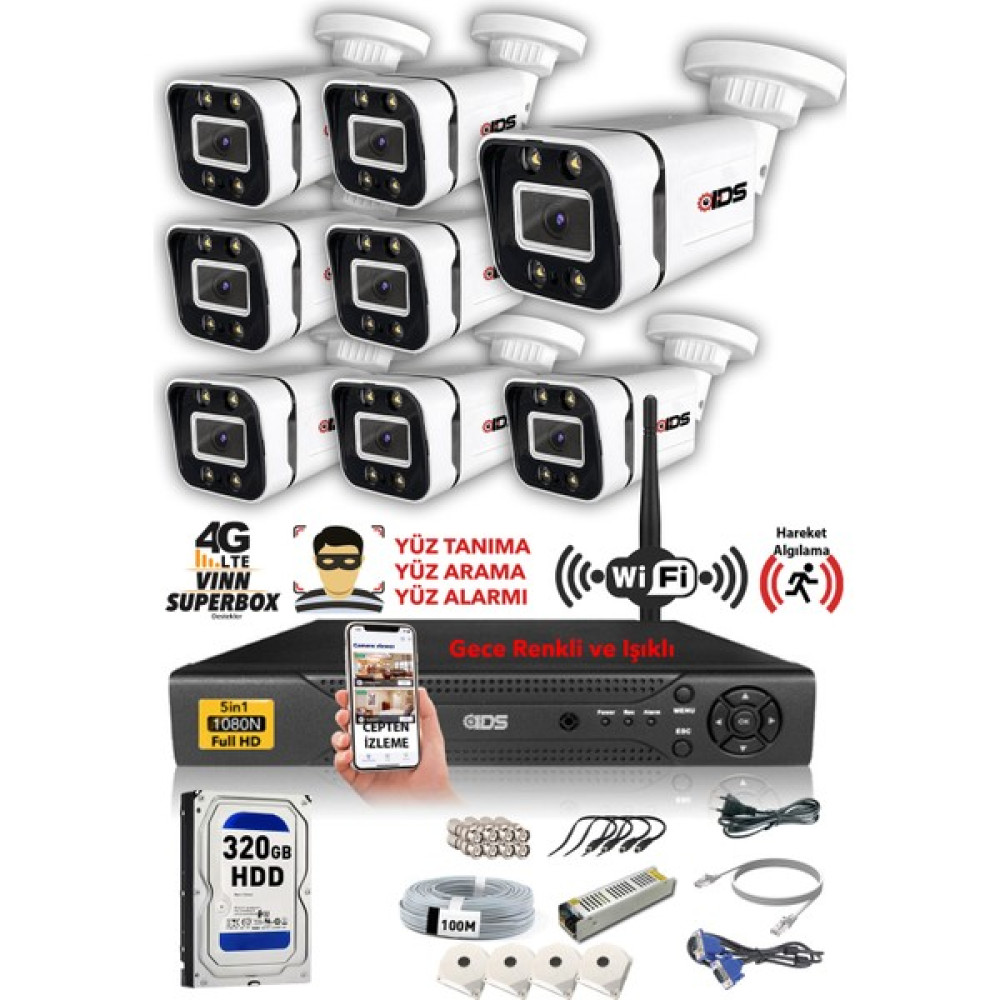 IDS - 8 Kameralı 5mp Sony Lensli 1080P Fullhd Gece Renkli Full Kamera Seti - Su Geçirmez - Cepten İzle Güvenlik Kameraları Fiyatı