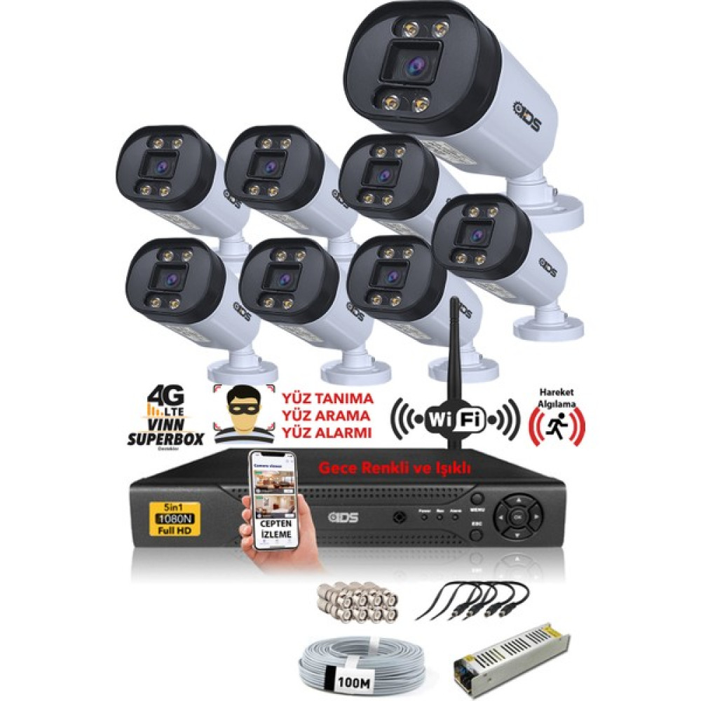 IDS 8 Kameralı Set - 5 Mp Lensli 1080P Full HD Gece Renkli Full Kamera Seti - Su Geçirmez - Cepten Izle Güvenlik Kameraları Fiyatı