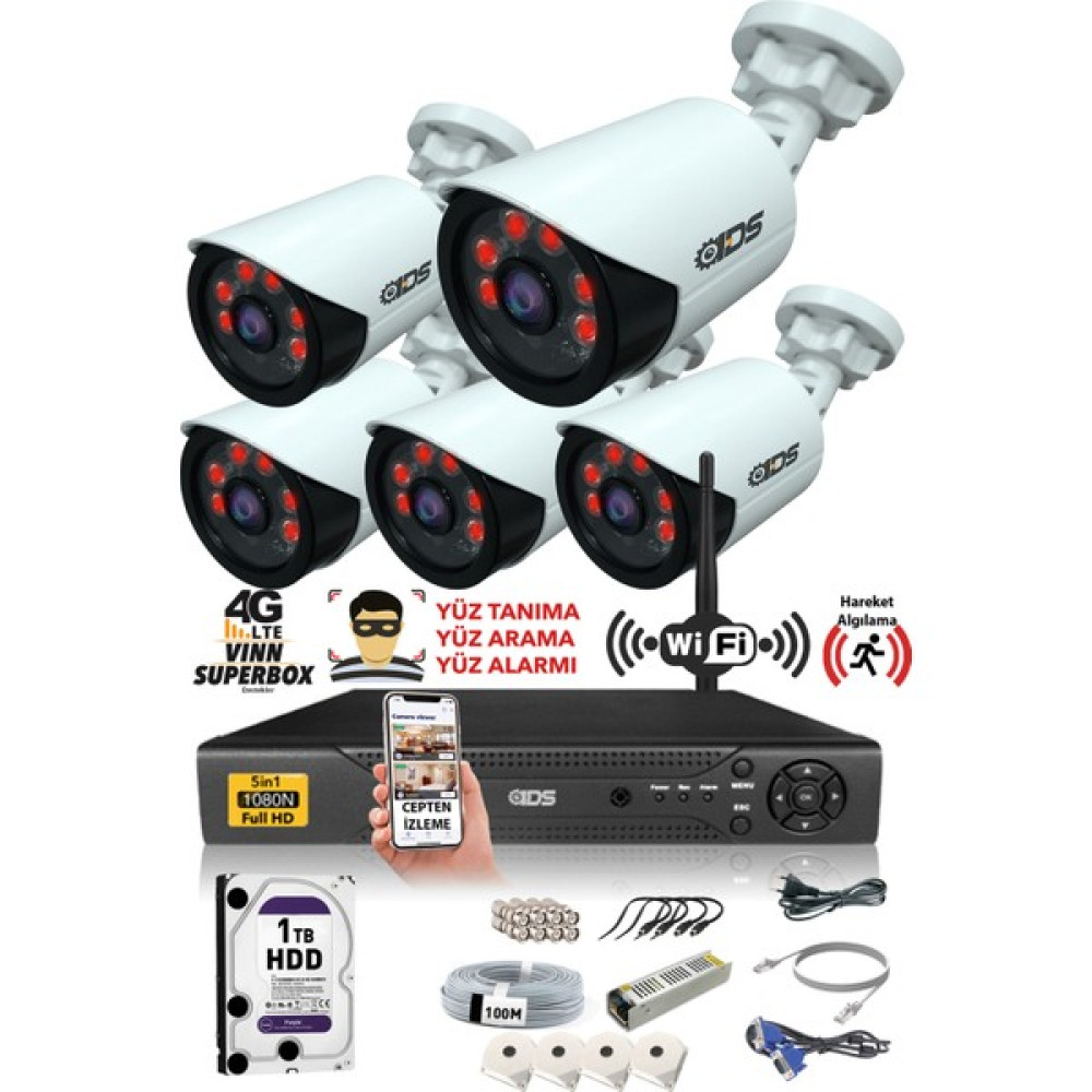 Ids - DS-2020HD-SET5-1TB5 Kameralı 5mp Sony Lensli 1080P Fullhd Güvenlik Kamerası Sistemi - Cepten Izle - 1tb Dış Güvenlik Kameraları Fiyatı