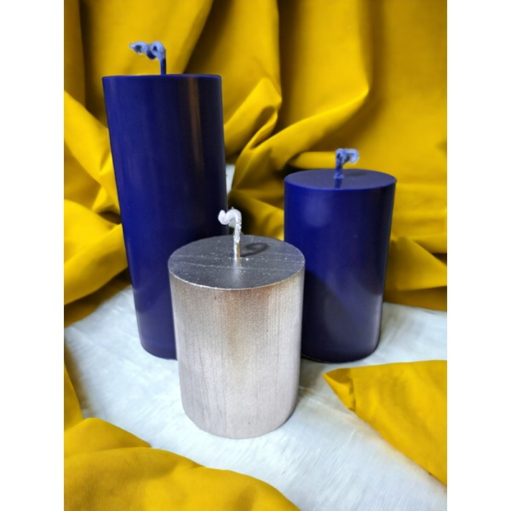 İdyllart Store Gümüş ve Mavi Detaylı 3'lü Silindir Mum Set - 1 Adet - Parlament Mavi - Gümüş Dekoratif Mum Fiyatı