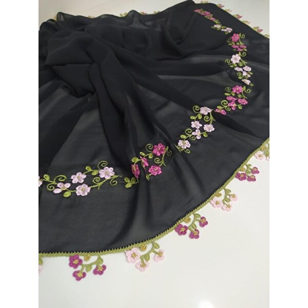 Iğne Oyası El Emeği Üç Taraflı Işlemeli Mevlüt Örtüsü O-00099 - ​80 x 300 cm - Siyah Masa Örtüsü Fiyatı