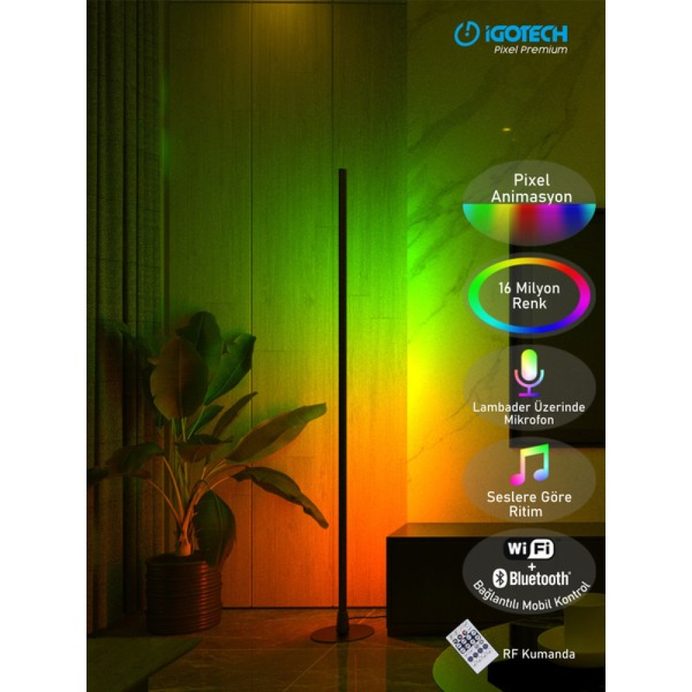 İgotech Pixel Premium Wifi Bluetooth Argb Sese Duyarlı Kumandalı LED Lambader- Siyah 150CM Lambader Fiyatı