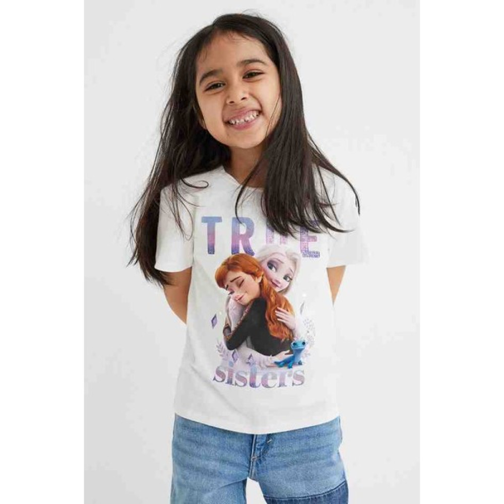 İhraç Fazlası Giyim Elsa ve Anna Baskılı Tişört Kız Çocuk T-shirt Fiyatı