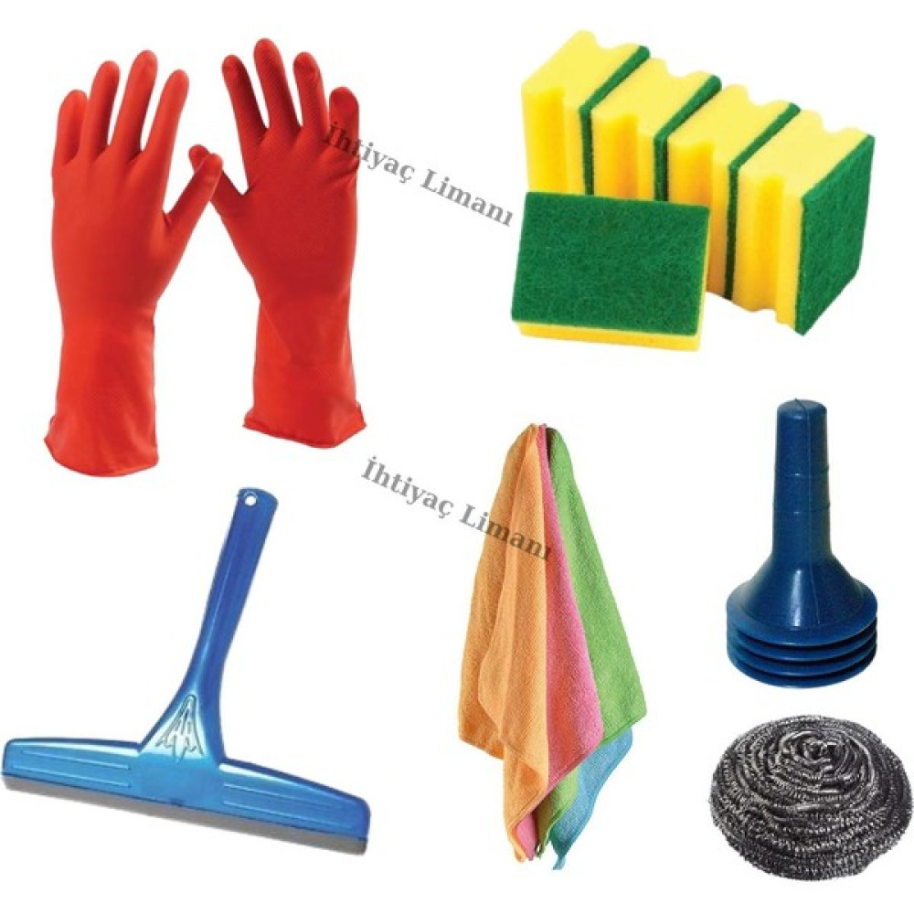 İhtiyaç Limanı Bulaşık Eldiveni+Ovma Teli+Çek Çek+Mikrofiber Bez 4 Adet+5 Adet Oluklu Sünger Set Pratik Mutfak Gereçleri Fiyatı