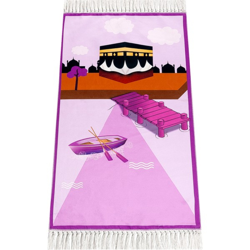 İhvan Online Dijital Baskılı Çocuk Seccadesi - Kayıklı Kabeli - 44 x 78 cm - 44 x 75 cm - Mor Seccade Fiyatı