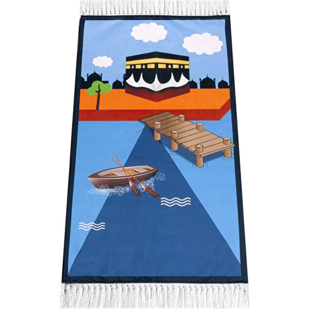 İhvan Online Dijital Baskılı Çocuk Seccadesi - Kayıklı Kabeli Mavi Renk - 44 x 78 cm - 44 x 75 cm Seccade Fiyatı