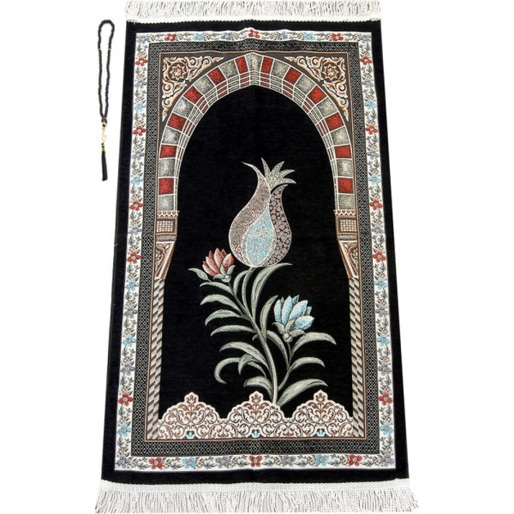 İhvan Online Osmanlı Kemer Mihraplı Lale Motifli Şönil Seccade Siyah - 60 x 130 cm Seccade Fiyatı