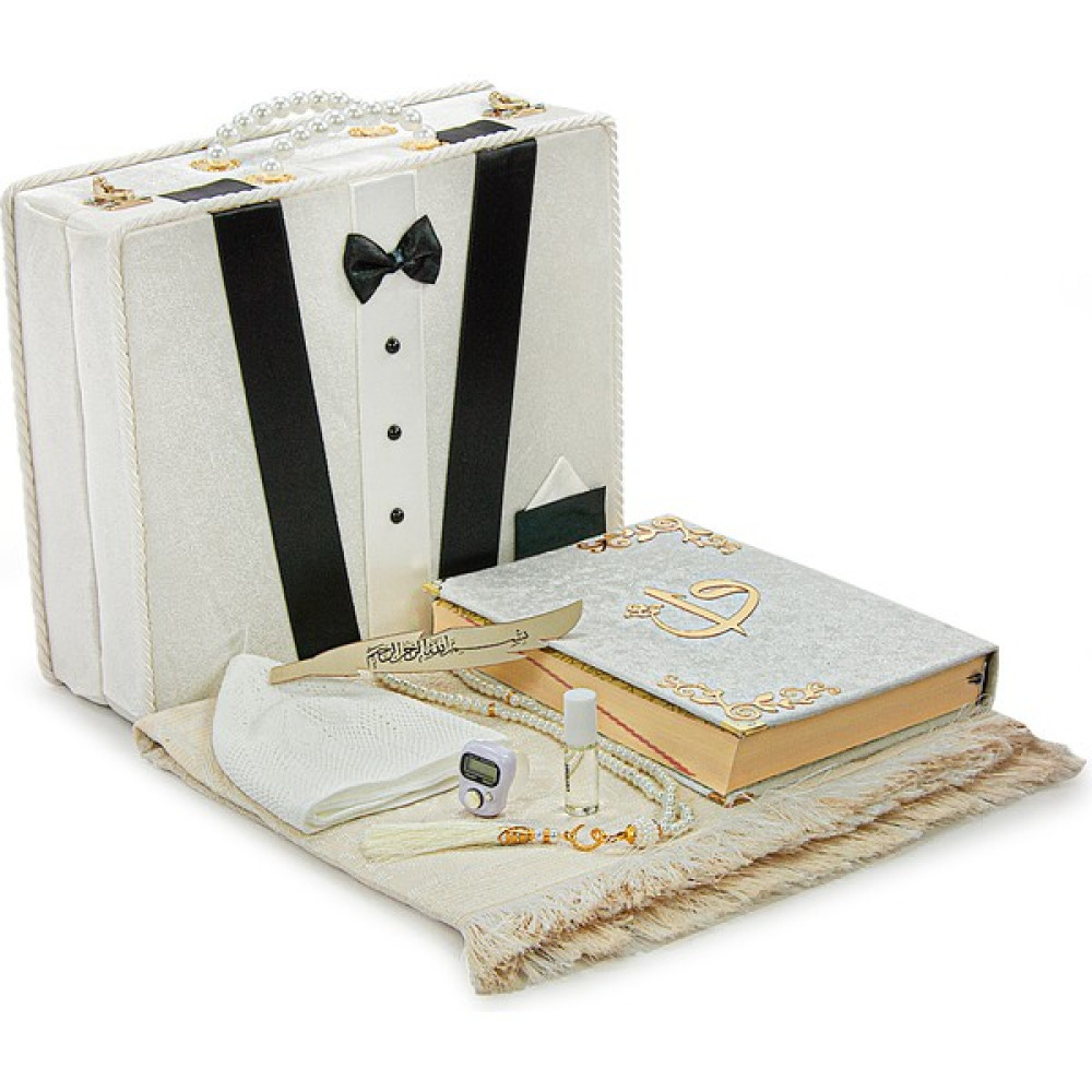 İhvan Online Sandıklı Damat Bohçasına Uygun Kuranı Kerim Seti Çeyizlik Seccade Seti Beyaz - Siyah - Beyaz - 116 x 68 cm Seccade Fiyatı