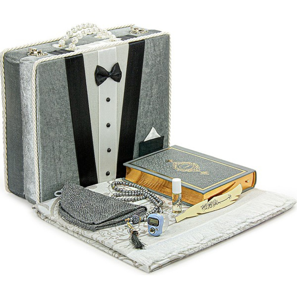 İhvan Online Sandıklı Damat Bohçasına Uygun Kuranı Kerim Seti Çeyizlik Seccade Seti Gri - 116 x 68 cm Seccade Fiyatı