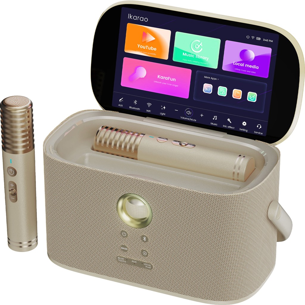 Ikarao Partybox Shell S2 140W Karaoke Bluetooth Hoparlör Seti, 8" Dahili Tablet, 2 Kablosuz Mikrofon, Rgb Işıklı Taşınabilir Ses Bombası, Gold Stüdyo Mikrofonu Fiyatı