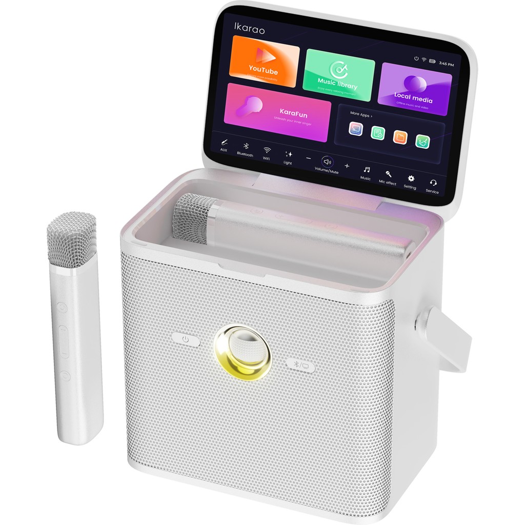 Ikarao Partybox Shell S3 80W Karaoke Bluetooth Hoparlör Seti, 7.1" Dahili Tablet, 2 Kablosuz Mikrofon, Rgb Işıklı Taşınabilir Ses Bombası, Beyaz Stüdyo Mikrofonu Fiyatı