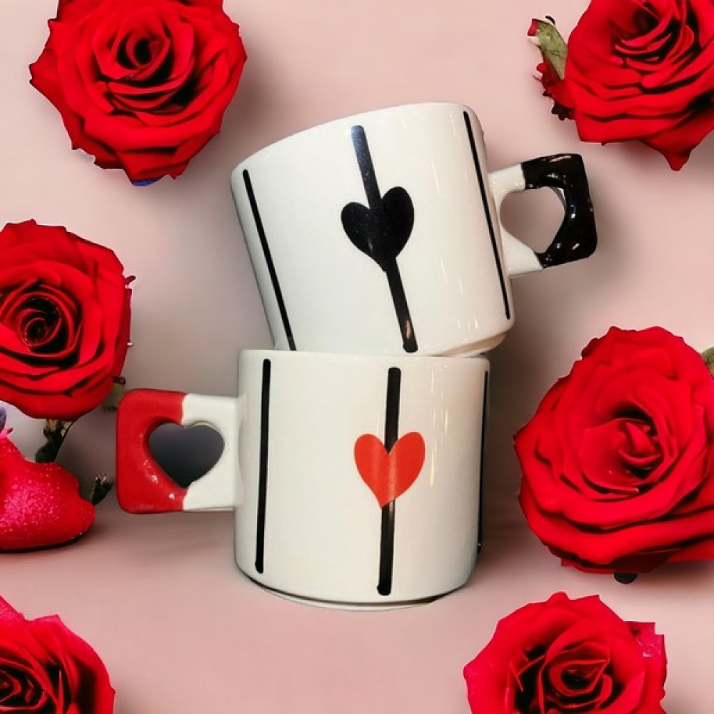 İki Seramik 2'li Siyah & Kırmızı Zarif Kalp Baskılı Kupa / Mug Set - Beyaz Fincan / Bardak / Kahve Takımı Fiyatı