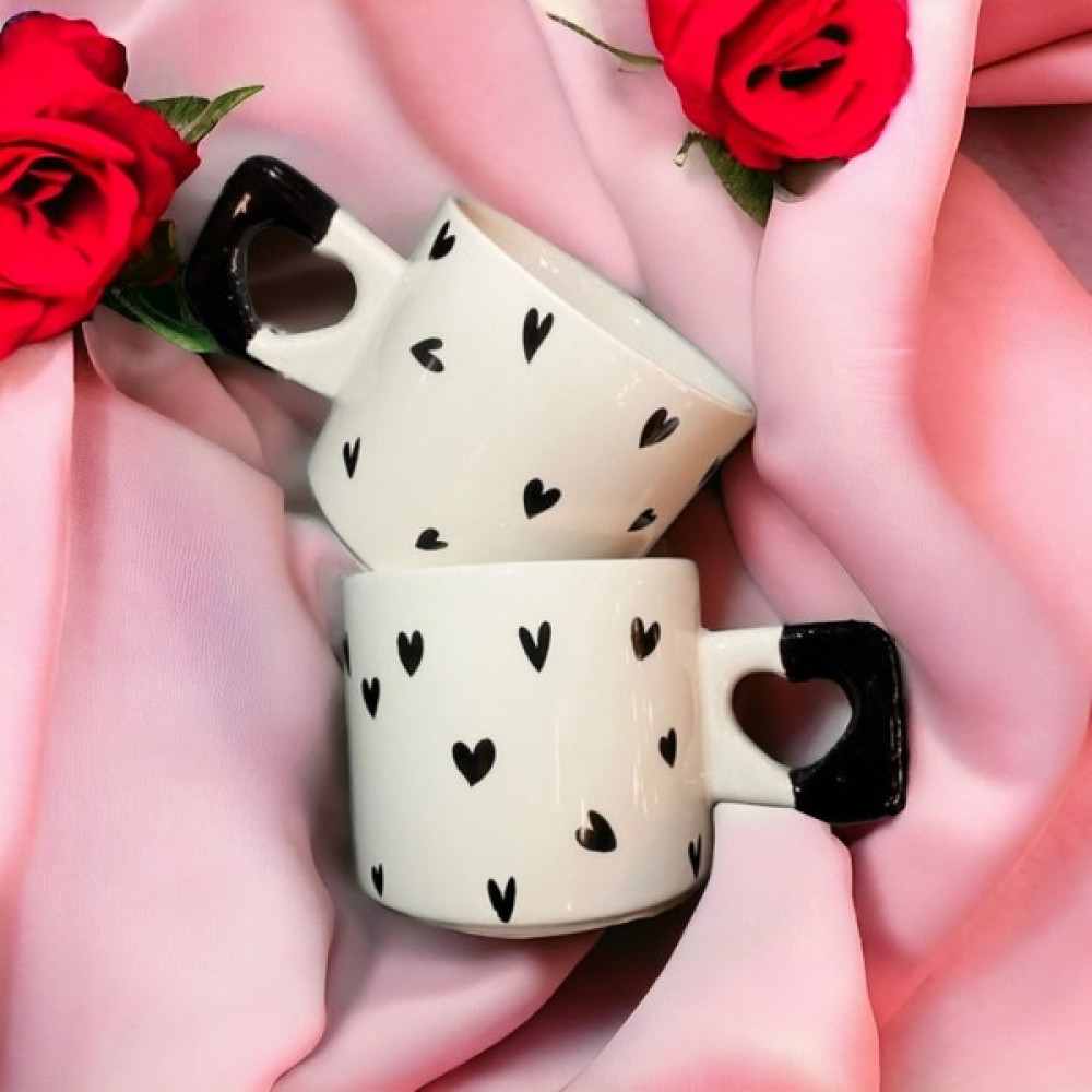 İki Seramik 2'li Siyah Minimalist Kalp Baskılı Seramik Kalp Kupa / Mug - Çay & Kahve Fincanı Fincan / Bardak / Kahve Takımı Fiyatı