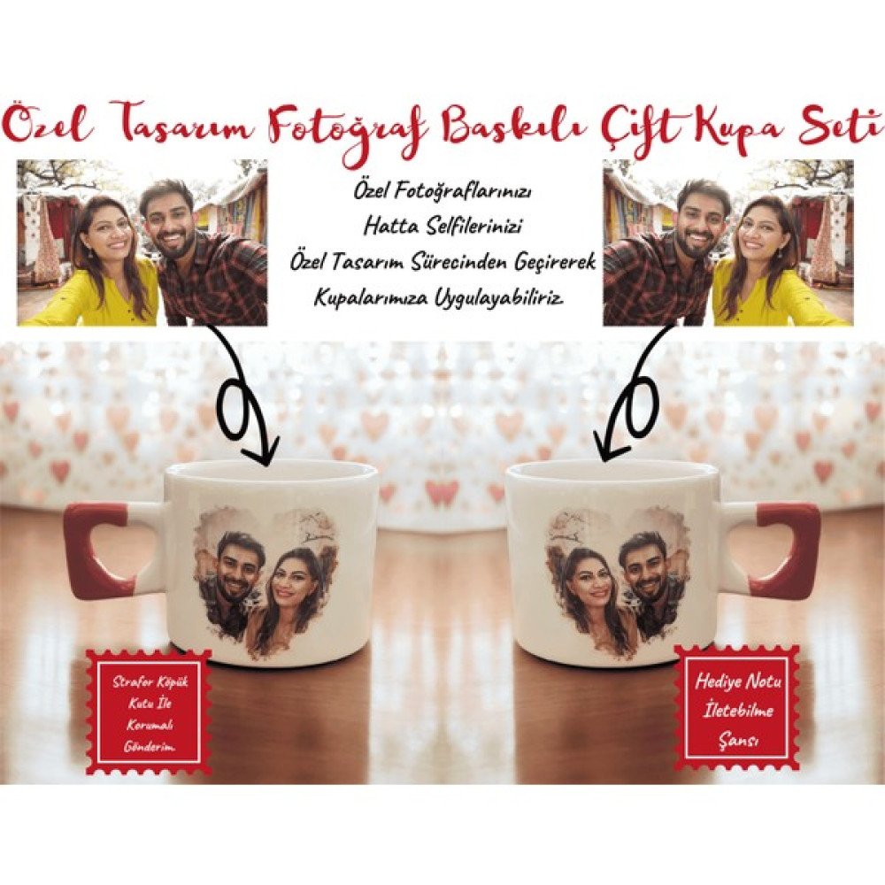Ikili Özel Tasarım Fotoğraf Baskılı Çift El Yapımı Kalp Kupa - Çay, Kahve Fincanı Seti - Beyaz - 200 ml Oto Boyaları Fiyatı