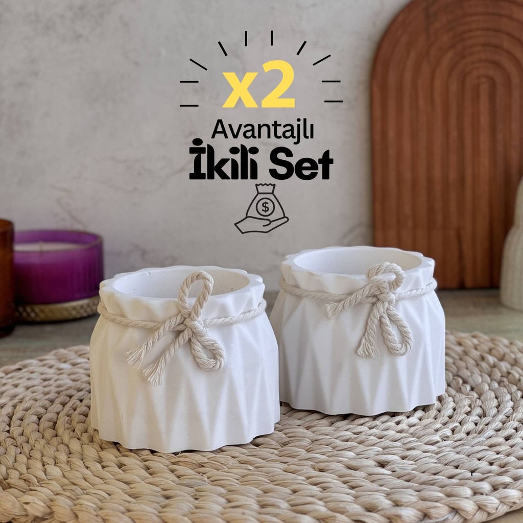 Ikili Saksı Seti, Iskandinav Tarz Beyaz Beton Saksı - Minimal Dekoratif Saksı Seti Saksı ve Aksesuarları Fiyatı