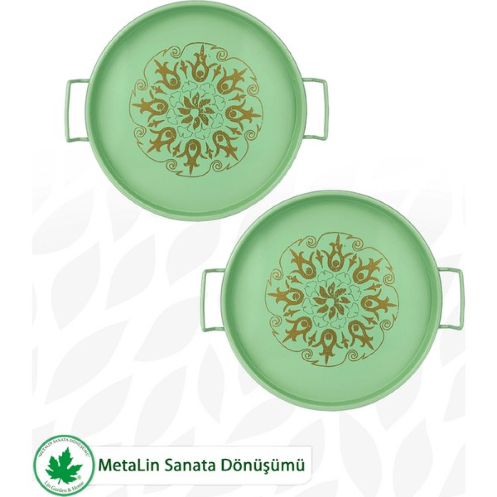 Ikili Tel Kulplu Metal Servis Tepsisi, Kahve Tepsisi, Sunum Tepsisi 24CM (Osmanlı Baskılı) LN1203 - Açık Yeşil Servis Tepsisi Fiyatı
