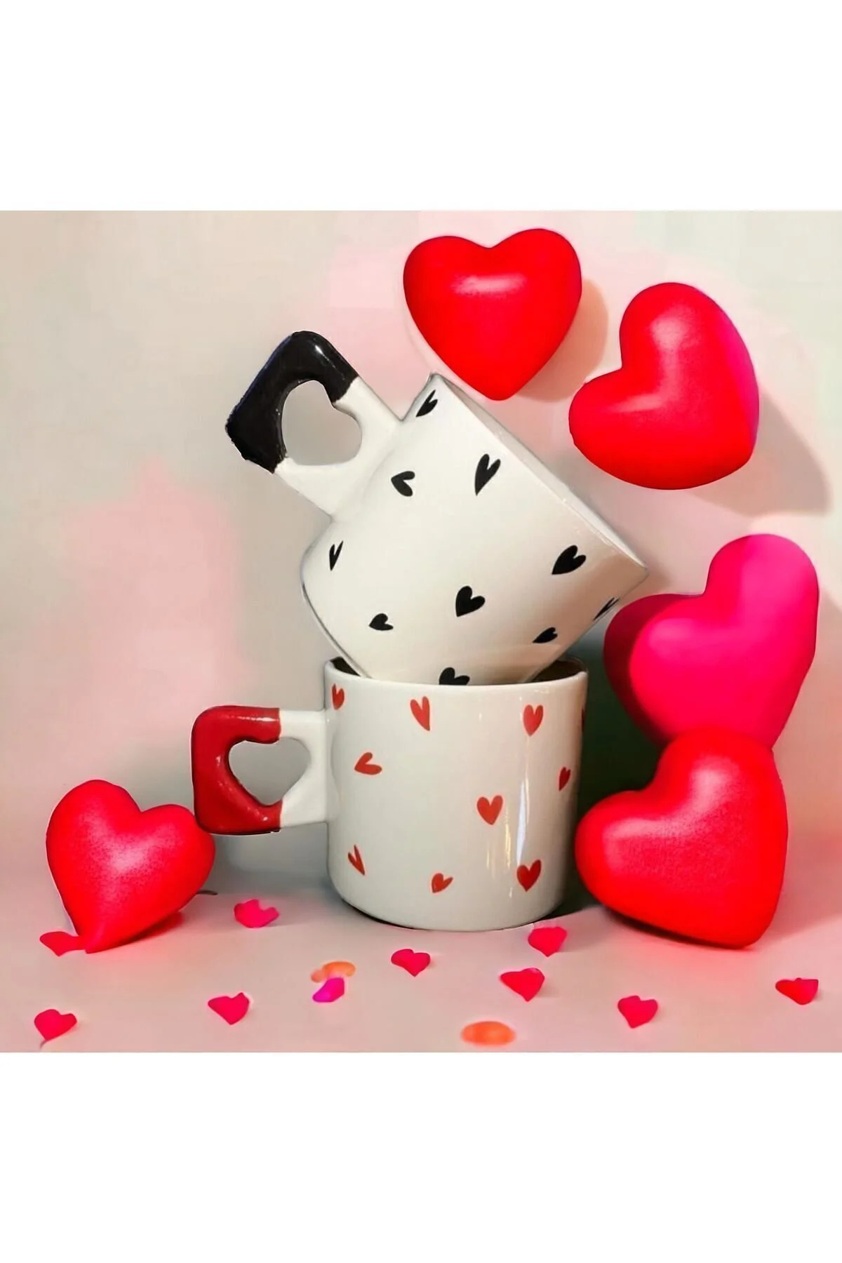 ikiseramik 2li Siyah & Kırmızı Minimalist Kalp Baskılı Kupa / Mug Set" Kupa Fiyatı