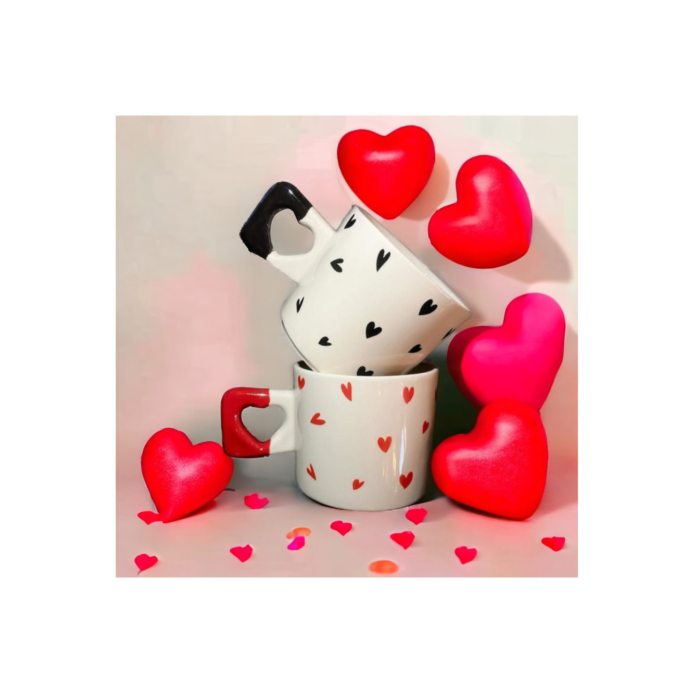 ikiseramik 2li Siyah & Kırmızı Minimalist Kalp Baskılı Kupa / Mug Set Kupa Fiyatı