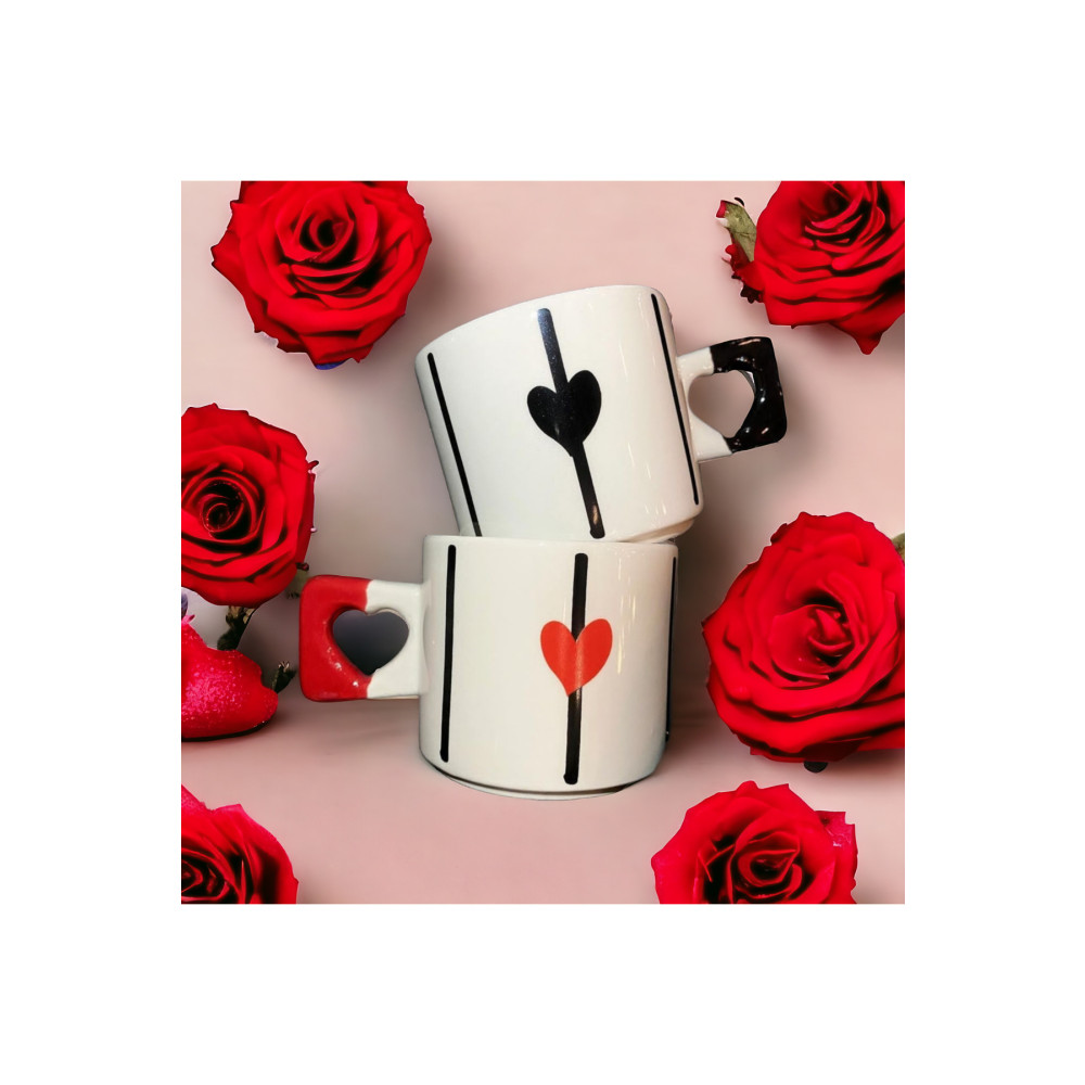 ikiseramik 2li Siyah & Kırmızı Zarif Kalp Baskılı Kupa / Mug Set Kupa Fiyatı