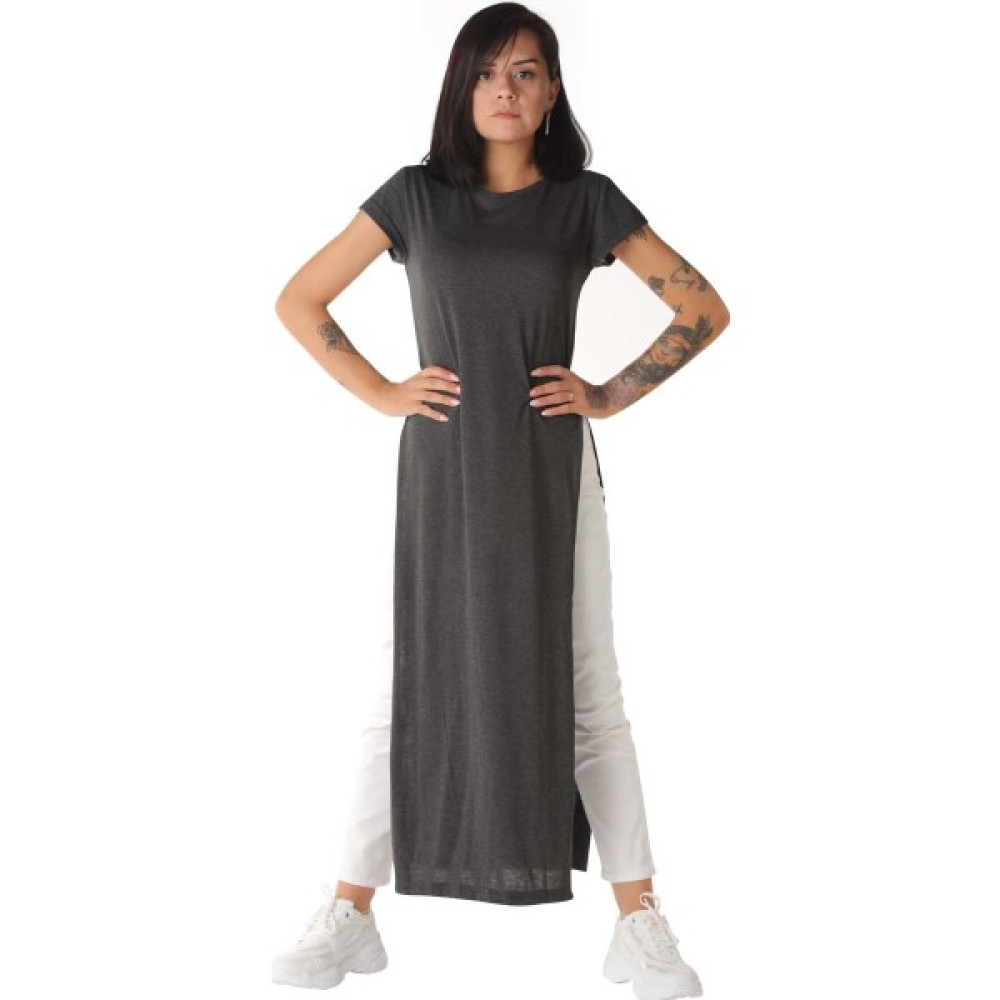 İkonik By Sisters Antrasit İkonik Yanları Yırtmaçlı Maxi Boy T-Shirt Bayan T-shirt Fiyatı