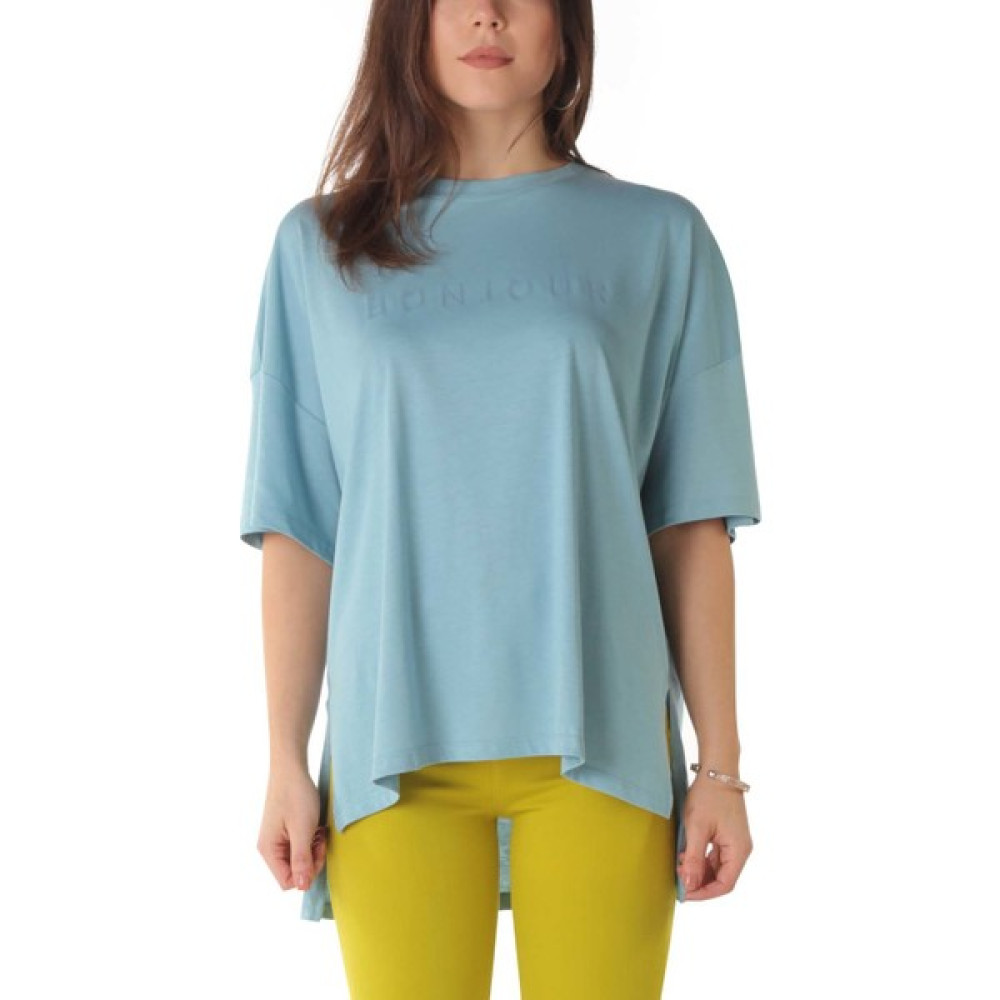 İkonik By Sisters Mavi Bonjour Baskılı Bol T-Shirt Bayan T-shirt Fiyatı