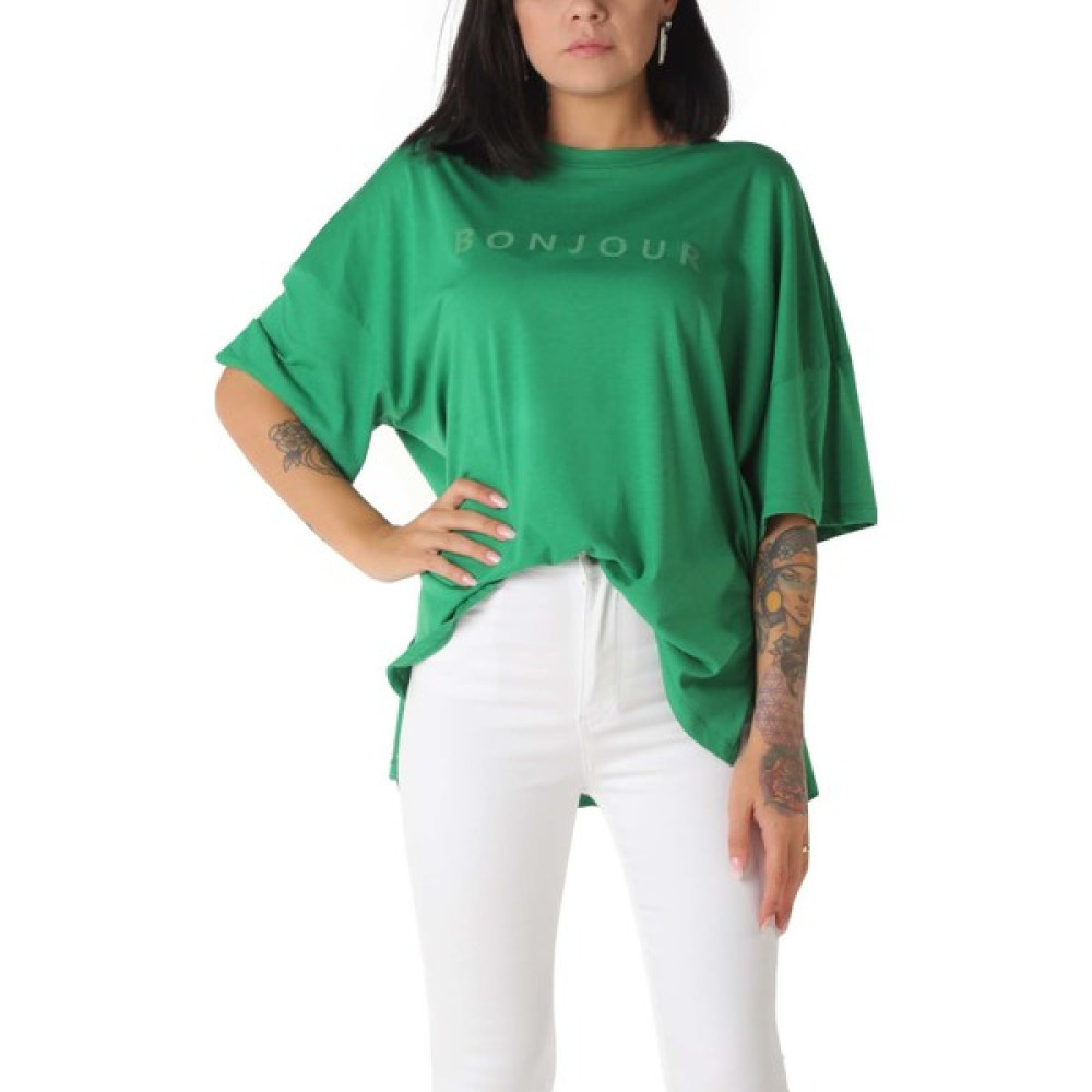 İkonik By Sisters Yeşil Bonjour Baskılı Bol T-Shirt Bayan T-shirt Fiyatı