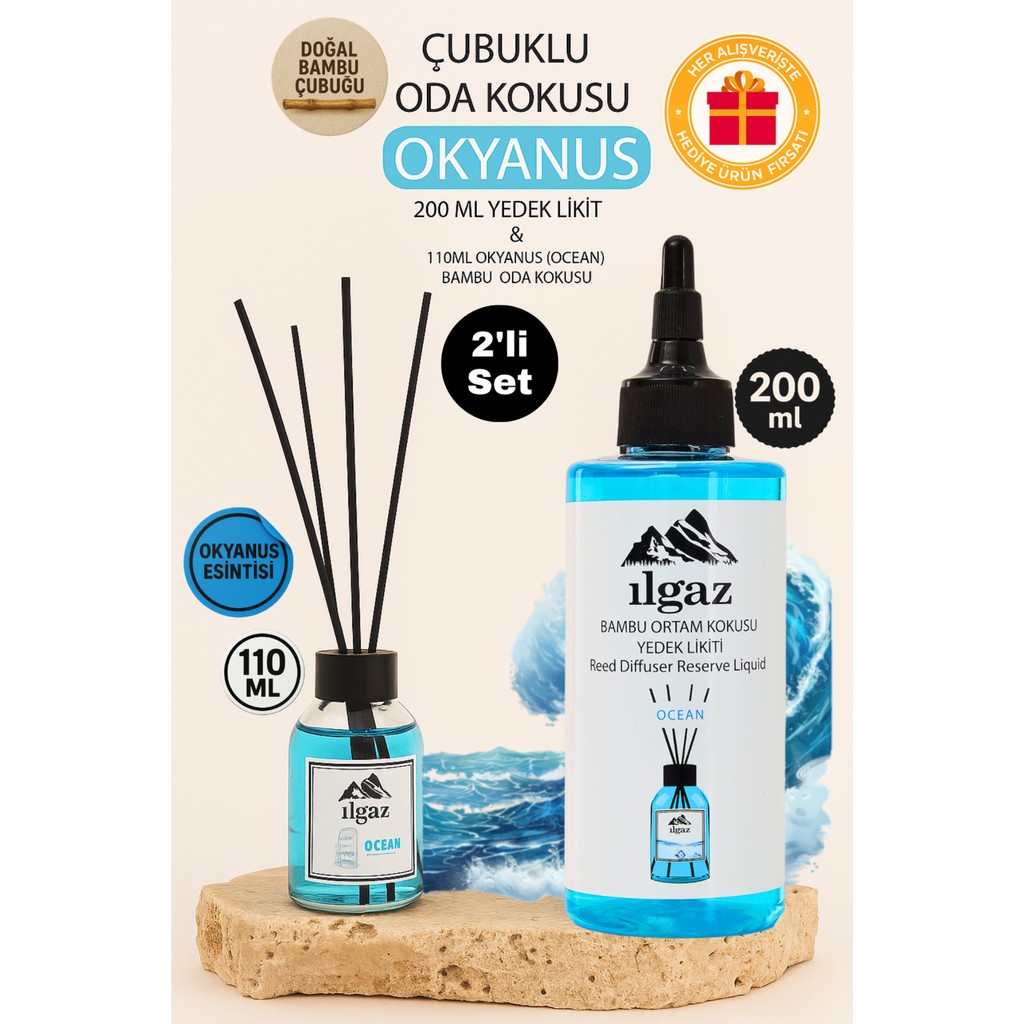 Ilgaz 2'li Set Okyanus Esintisi Bambu Yedek Likit Yedek Şişe 200 ml+ Ocean Çubuklu Oda Kokusu 110 ml Diğer Fiyatı