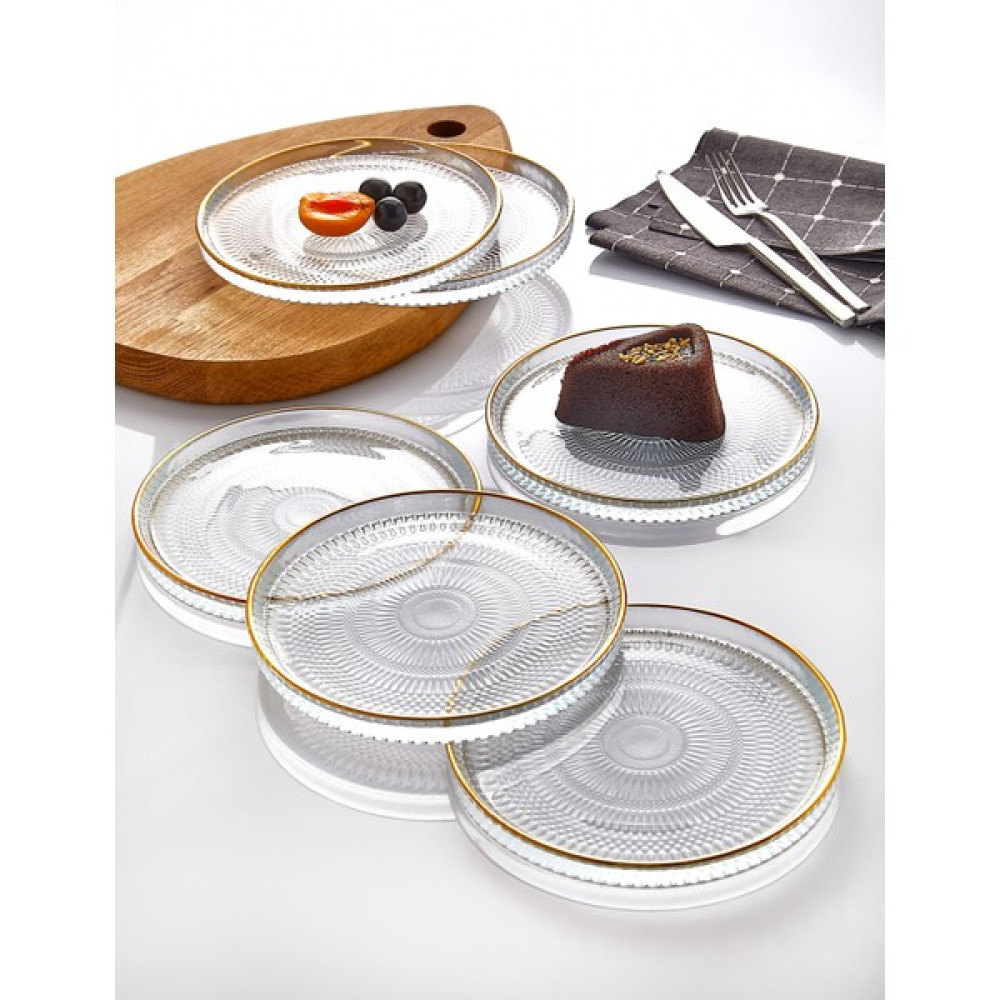 İliva 6' Lı Cam Kek Pasta Tabağı Seti - Yaldızlı Lüks Pasta TAKIMI(16CM) Kahvaltı Takımı Fiyatı