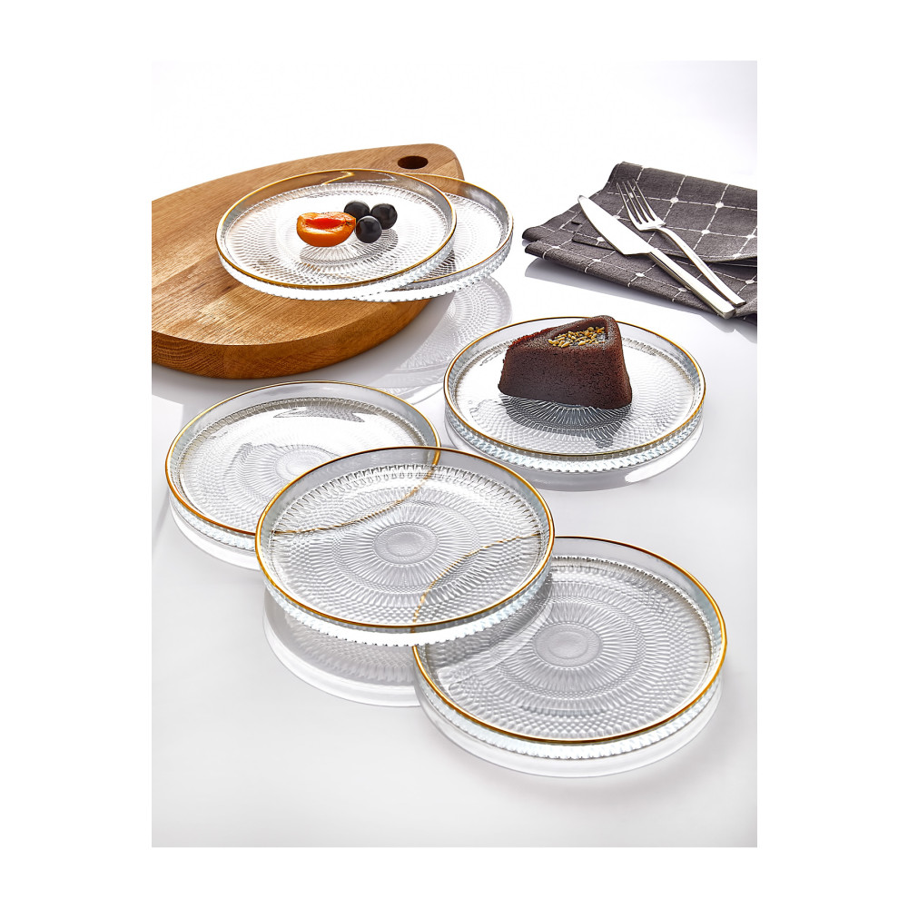 İLİVA 6 lı Cam Kek Pasta Tabağı Seti - Yaldızlı Lüks Pasta Takımı(16CM) Mutfak Gereçleri Fiyatı