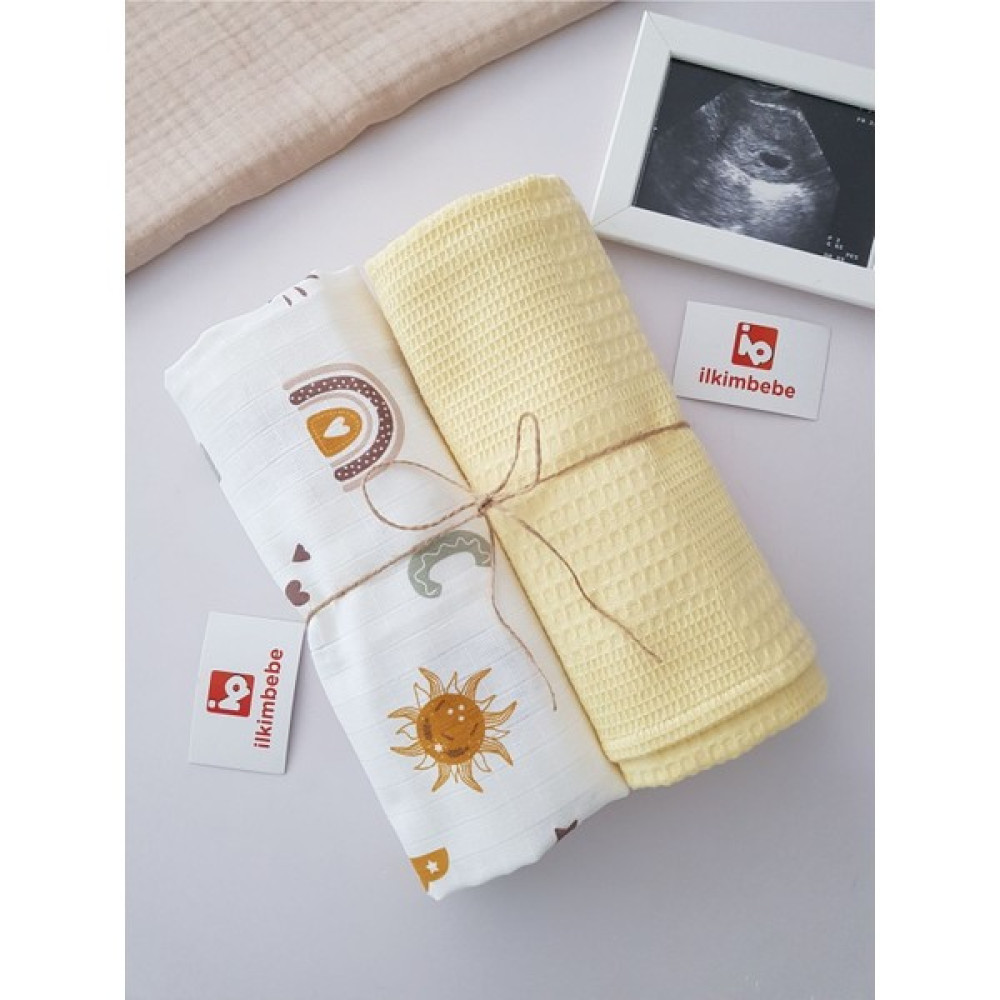 İlkim Bebe Gökkuşağı Müslin Pike 2li Battaniye - Sarı Bebek Battaniyesi Fiyatı