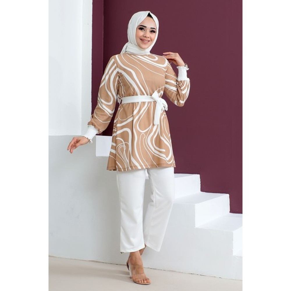 İlkimay Zigzag Desen Kuşaklı Arras Tunik Pantolon Ikili Tesettür Takım 501 - Vizon Tunik Fiyatı