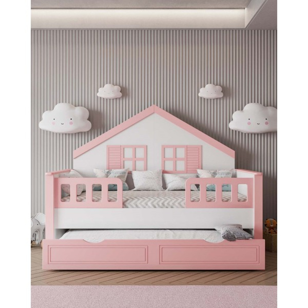 İlknur Bebe Lizbon Pembe Yavrulu Ev Montessori Bebek Çocuk Karyolası 90X190CM, Korkuluklu, Kızlara Özel - Beyaz - Pembe - 90 x 190 cm Karyola Fiyatı