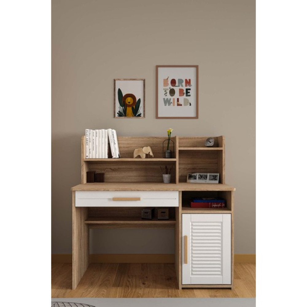 İlknur Bebe Toscana Çalışma Masası, Ahşap Desenli Çocuk Genç Odası Bilgisayar ve Ders Çalışma Masası - 120 x 60 x 110 cm - Beyaz - Sonoma Çalışma Masası Fiyatı