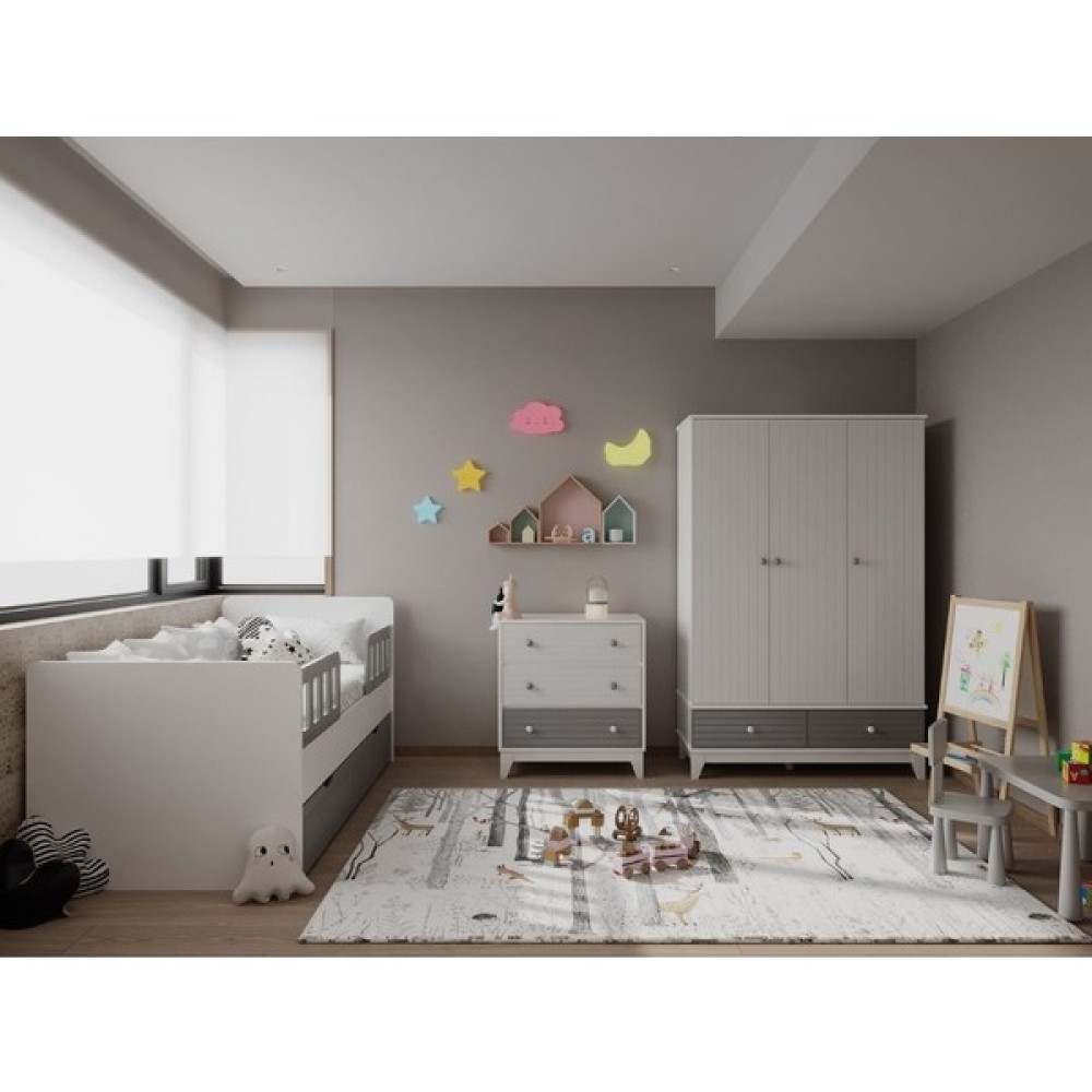 İlknur Bebe Viyana Gri Bebek Çocuk Odası Takımı - 3 Kapılı Dolap + Şifonyer + Yavrulu Karyola Üçlü Set Bebek Odası Tekstili Fiyatı
