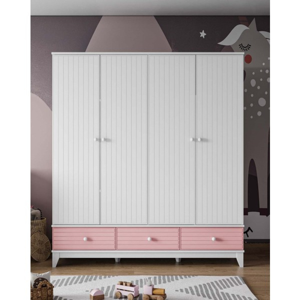 Ilknur Bebe Viyana Pembe 4 Kapılı 3 Çekmeceli Dolap 182X50CM, Kız Bebek Çocuk Genç Odası Gardırop, Mdf Lake Kapaklı - Pembe - Beyaz Gardrop & Dolap Fiyatı