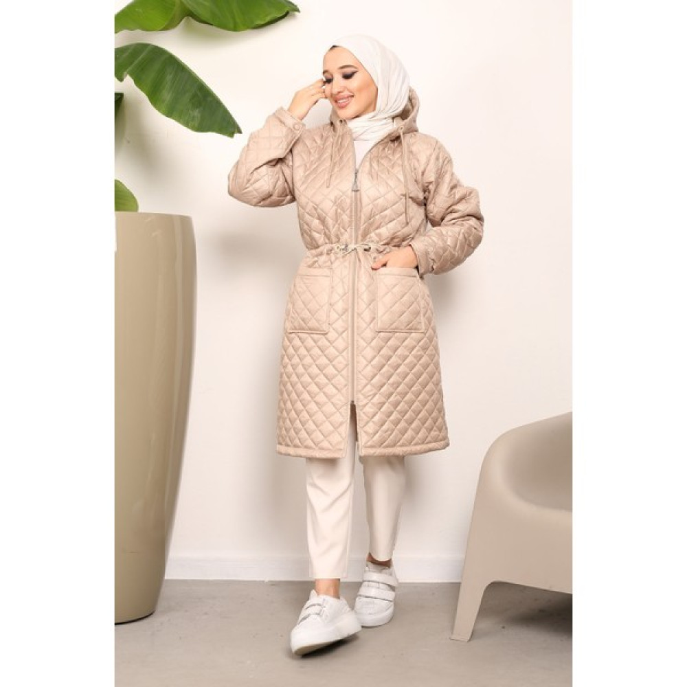 İmaj Butik Bej Büyük Beden Kapüşonlu Kapitone Mont Bayan Mont Fiyatı