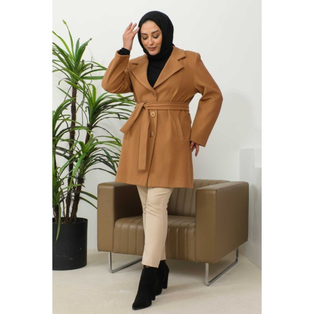 İmaj Butik Camel Büyük Beden Kruvaze Yaka Kaşe Kaban Bayan Mont Fiyatı