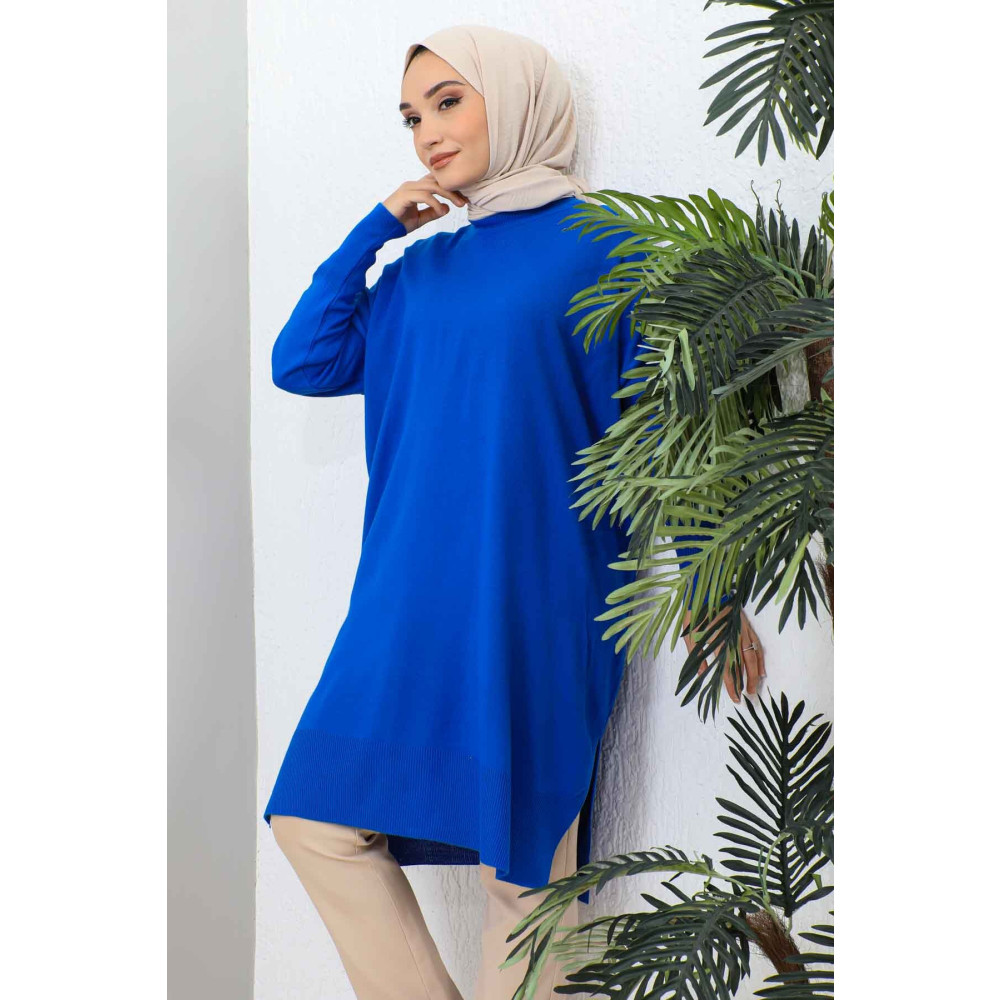 İmajButik Saks Mavi Bisiklet Yaka Merserize Salaş Triko Tunik Standart Beden Tesettür Giyim Fiyatı